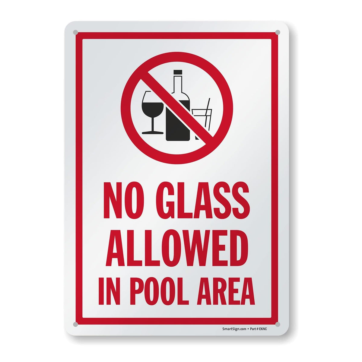 SmartSign no-glass pool area sign front view with bold red, black, white symbols for clear visibility.