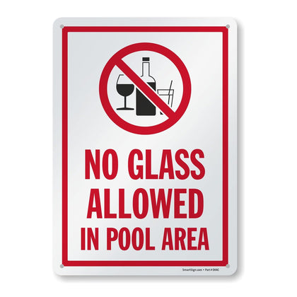 SmartSign no-glass pool area sign front view with bold red, black, white symbols for clear visibility.