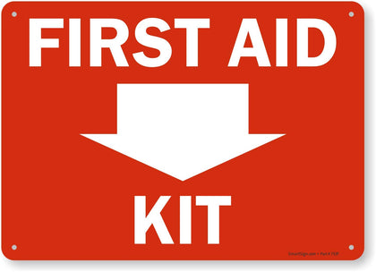 SmartSign S-1775-PL-14 first aid kit sign with down arrow for quick safety cues.
