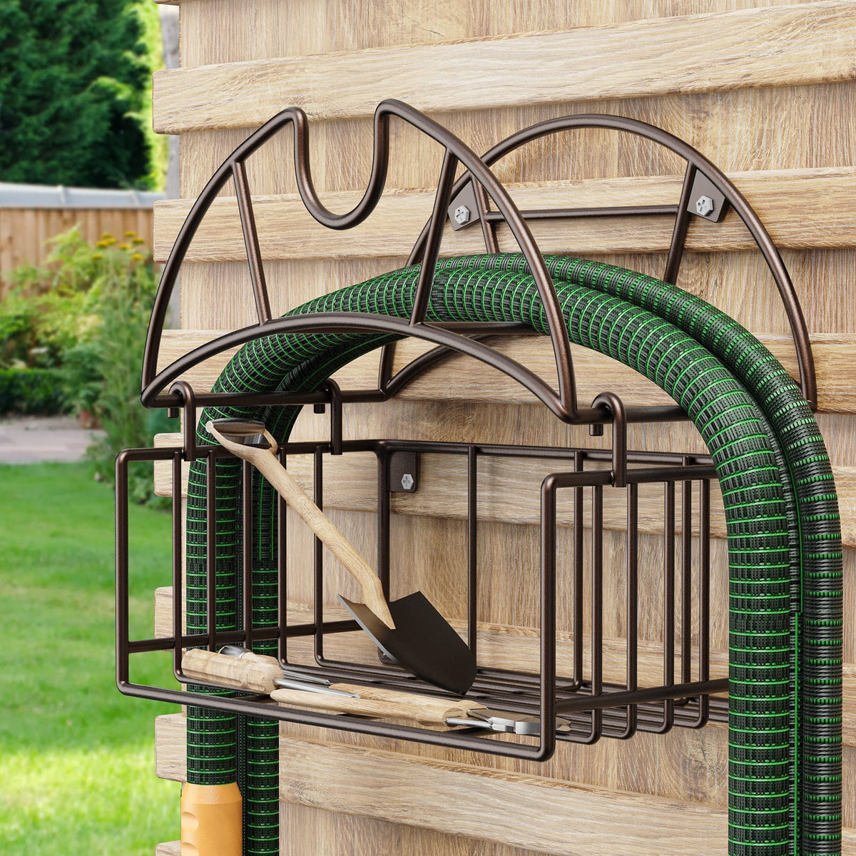 Smatorga hose reel wall mount keeps hoses neatly organized and within reach.