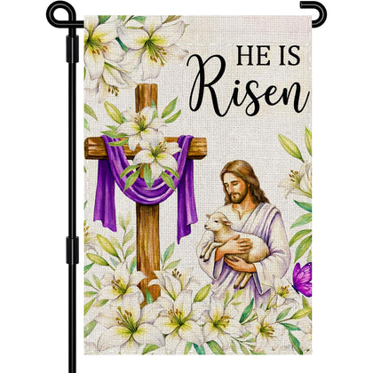 SMBLCE He Is Risen flag with Jesus cross and lilies for outdoor Easter decor
