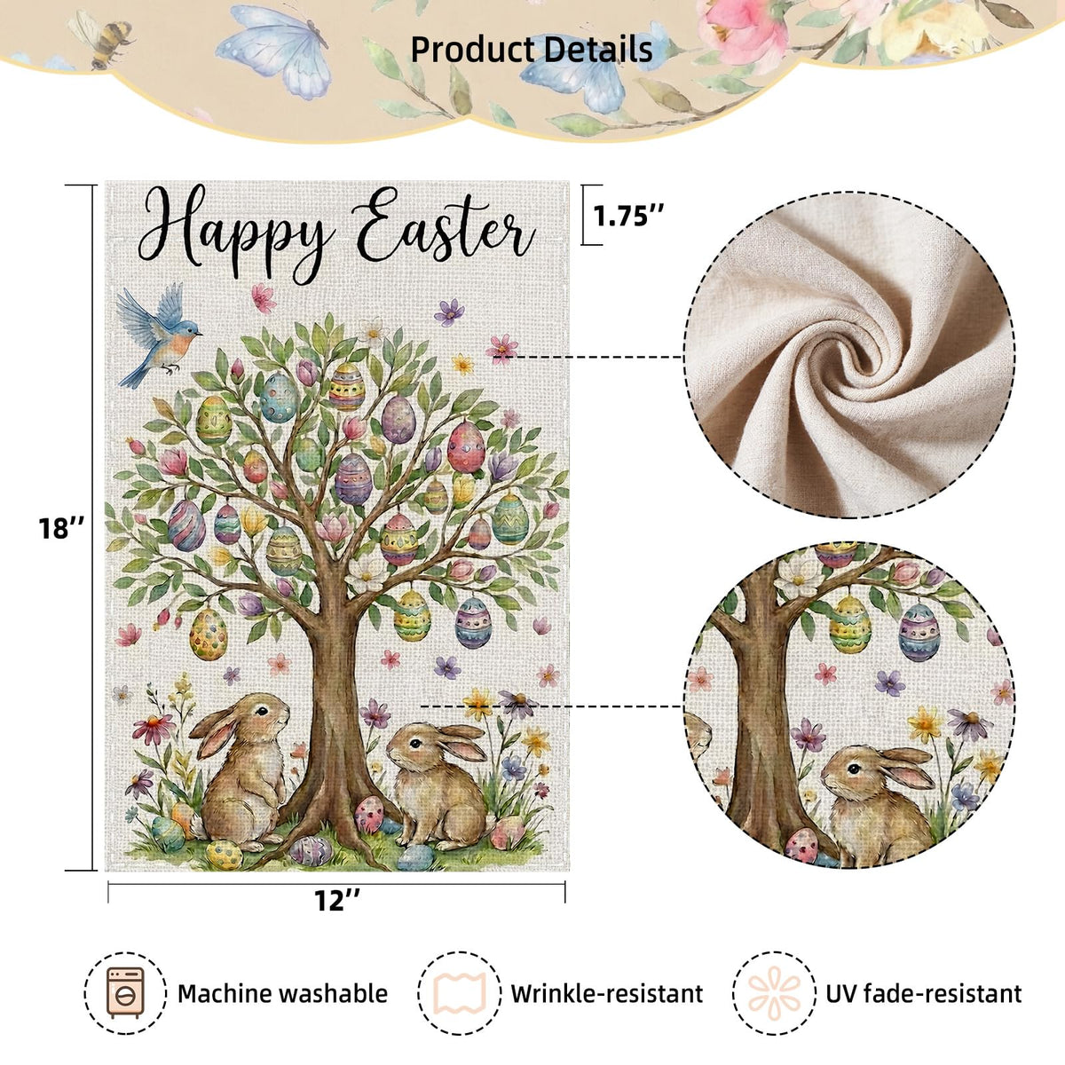 SMBLCE outdoor Easter flag displayed on patio against greenery