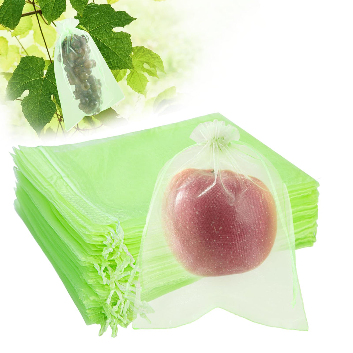 SmileLucky fruit protection bags with drawstring; close-up of breathable mesh for pest protection.