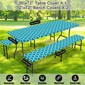 Smiry aqua table cover on a table for everyday outdoor meals.