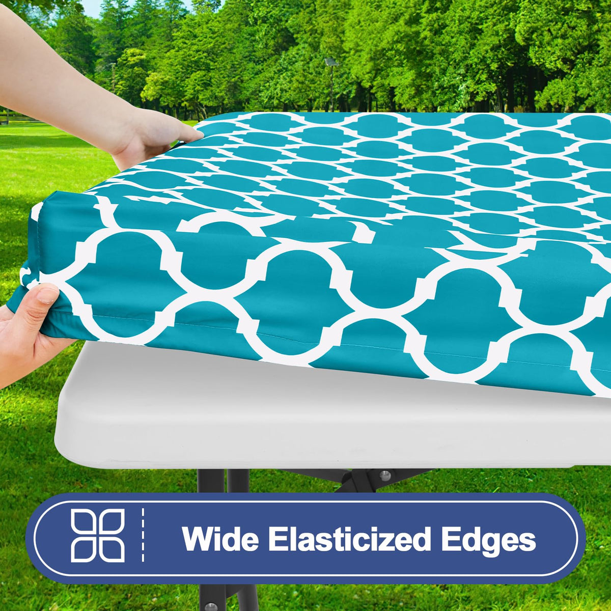 Smiry bench covers in aqua drape securely for stable outdoor meals.