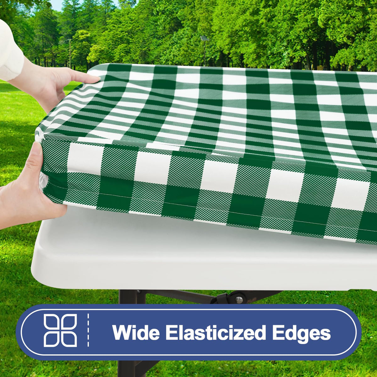 Smiry bench covers paired in hunter green and white buffalo plaid