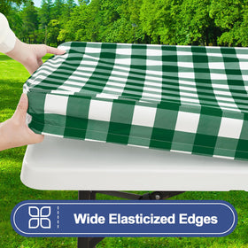 Smiry bench covers paired in hunter green and white buffalo plaid