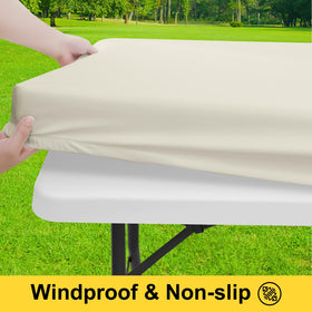 Smiry beige bench covers on 72x12 benches for picnics and camping.