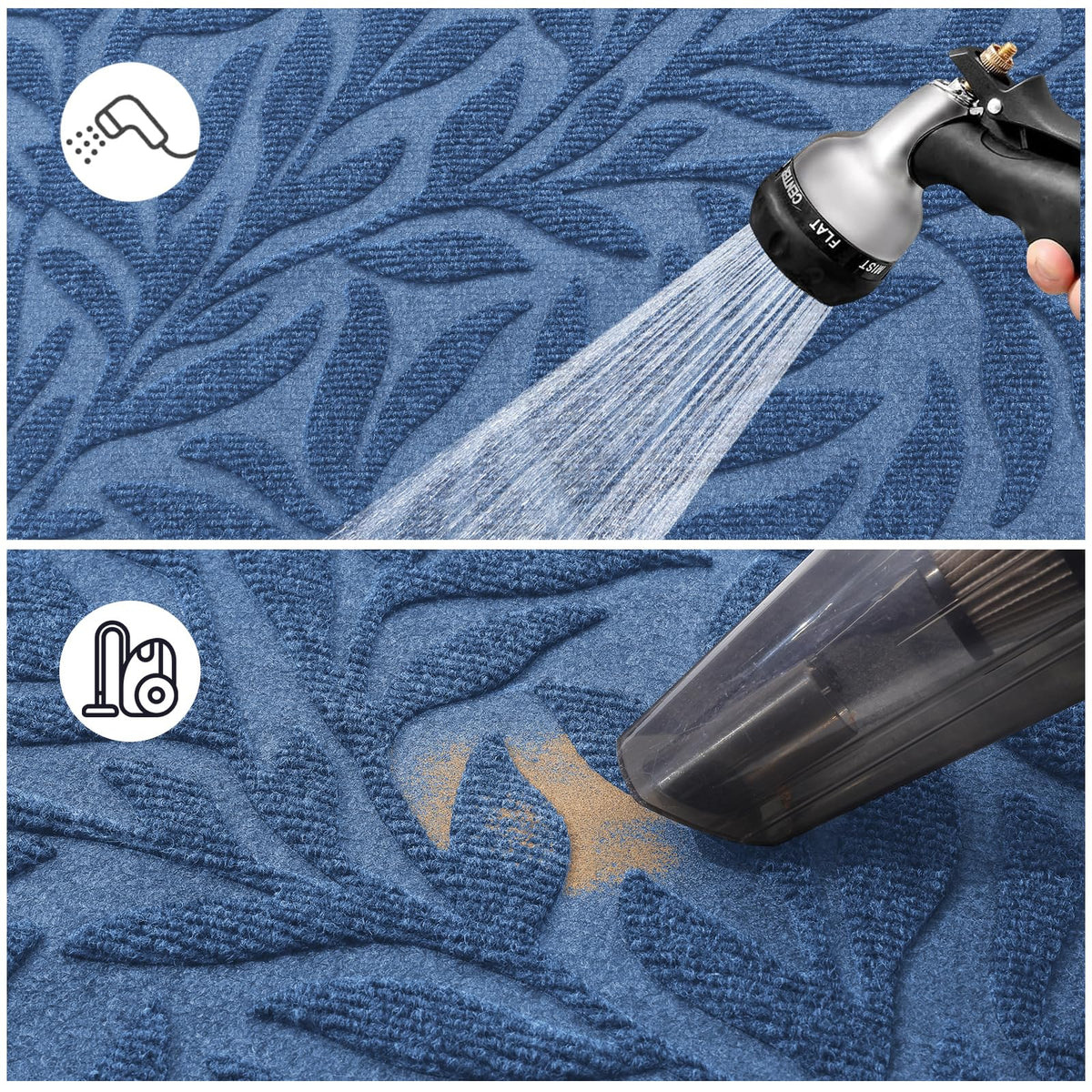 Front-door mat is easy to clean with broom, vacuum, or hose.