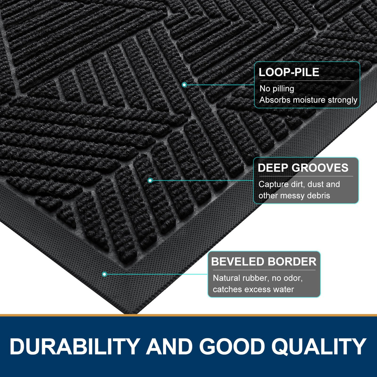 Smiry front door mat is easy to clean with broom, vacuum, or hose.