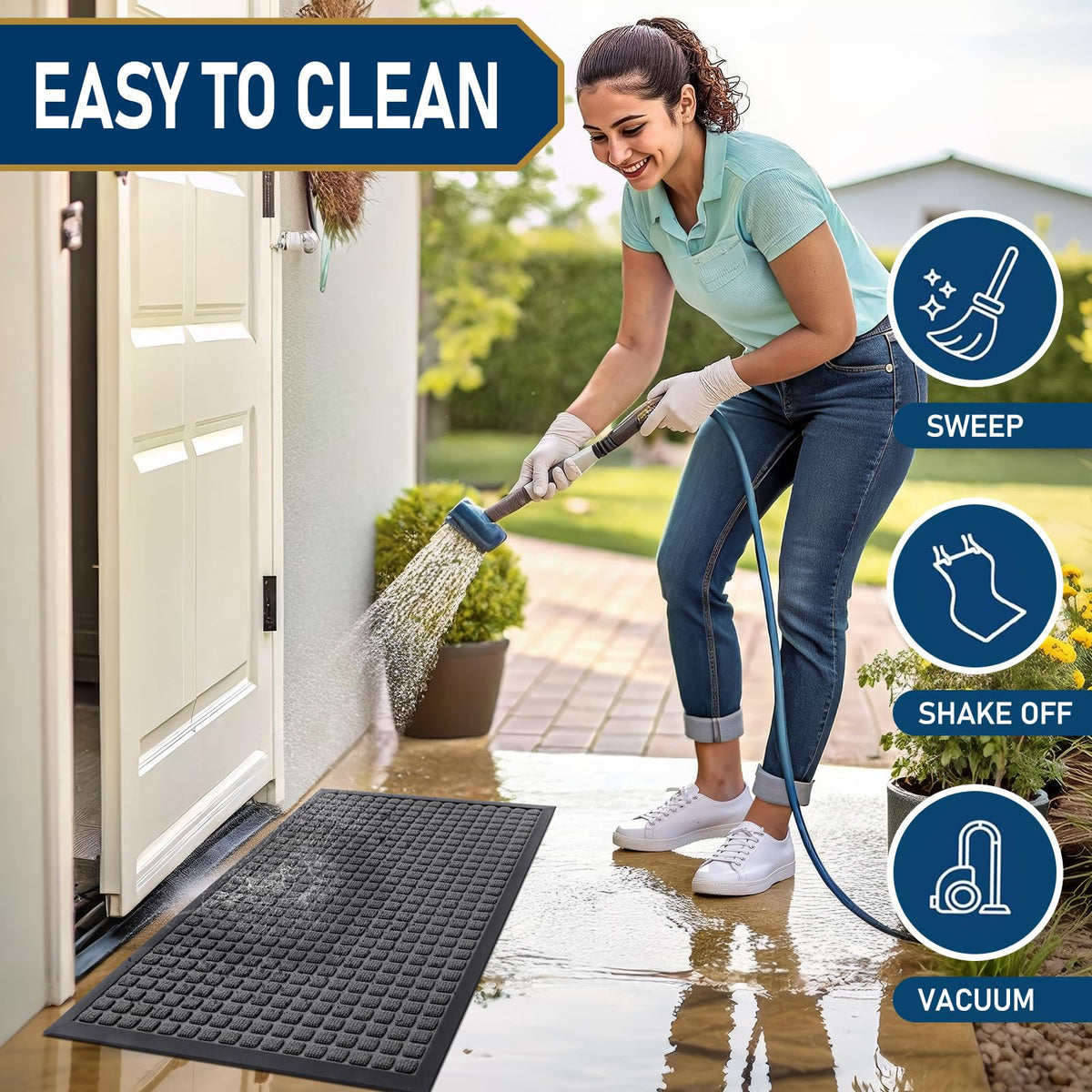 Smiry easy-clean design: sweep, vacuum, or hose rinse after heavy use.