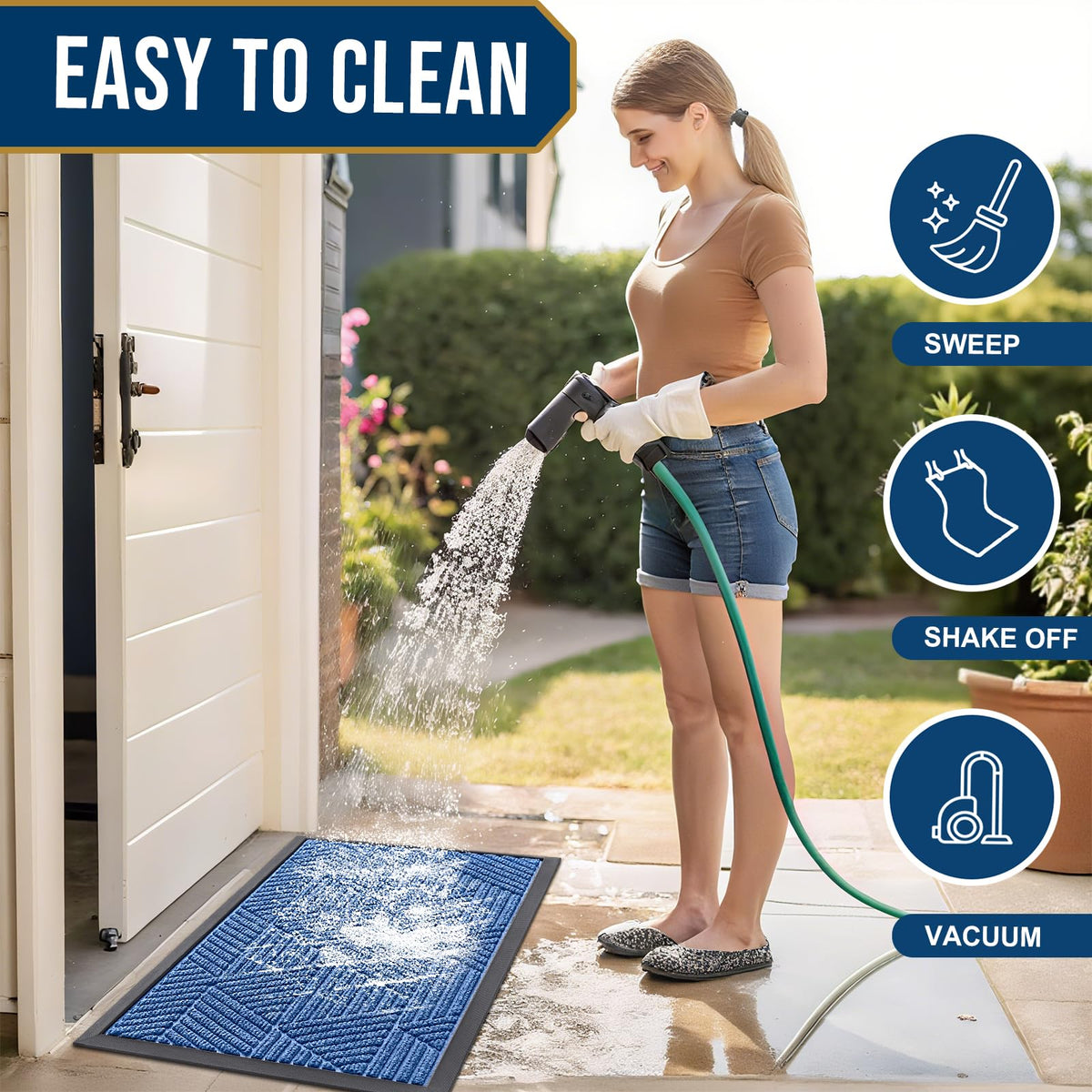 Smiry blue doormat is easy to clean with hose or machine wash.