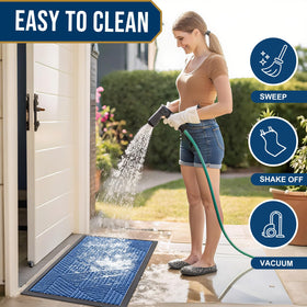 Smiry blue doormat is easy to clean with hose or machine wash.