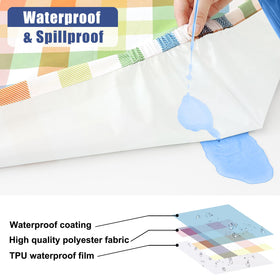 Elastic edge secures Smiry tablecloth for stable outdoor meals.