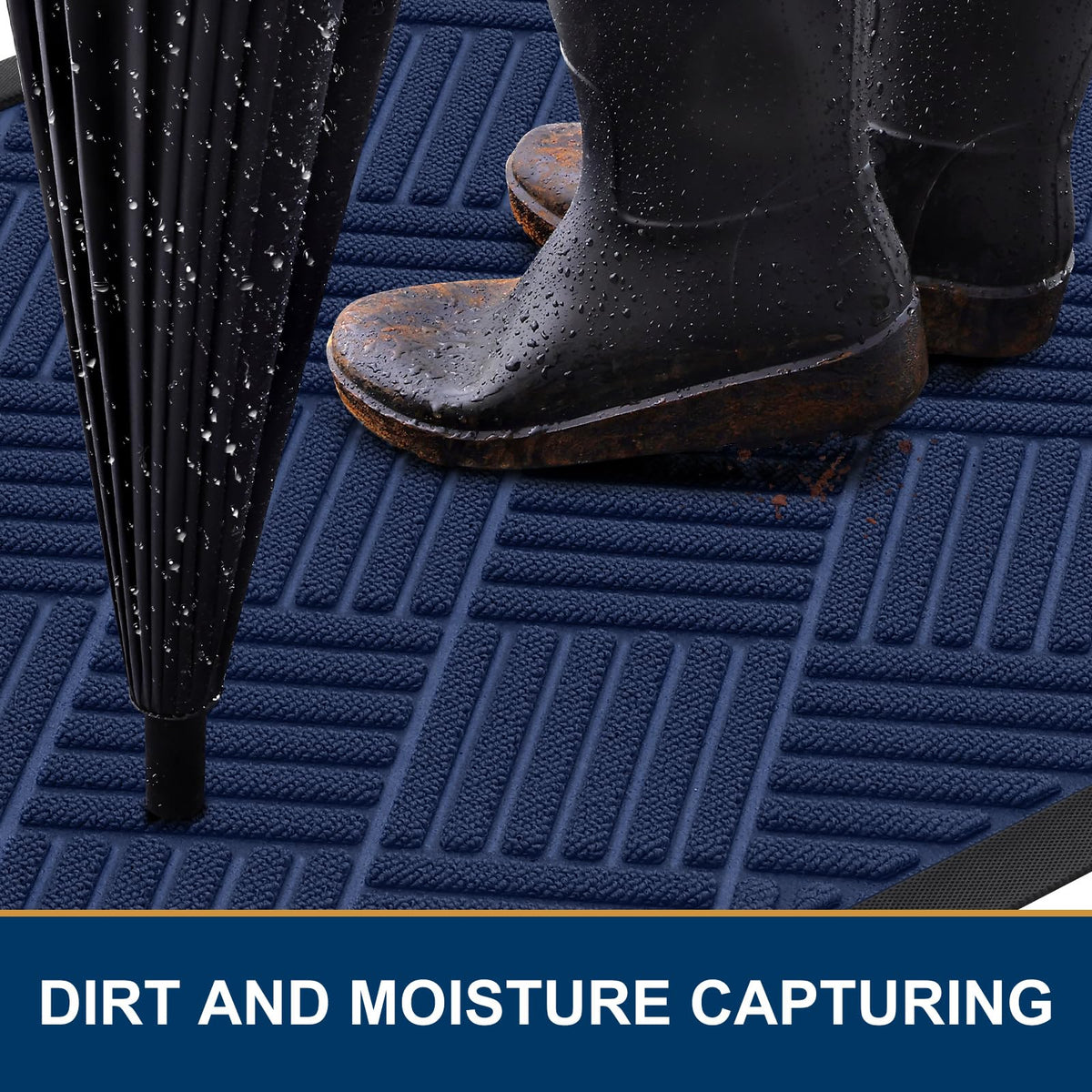 Smiry navy mat beveled edge helps water drain away.