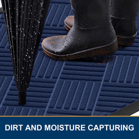 Smiry navy mat beveled edge helps water drain away.