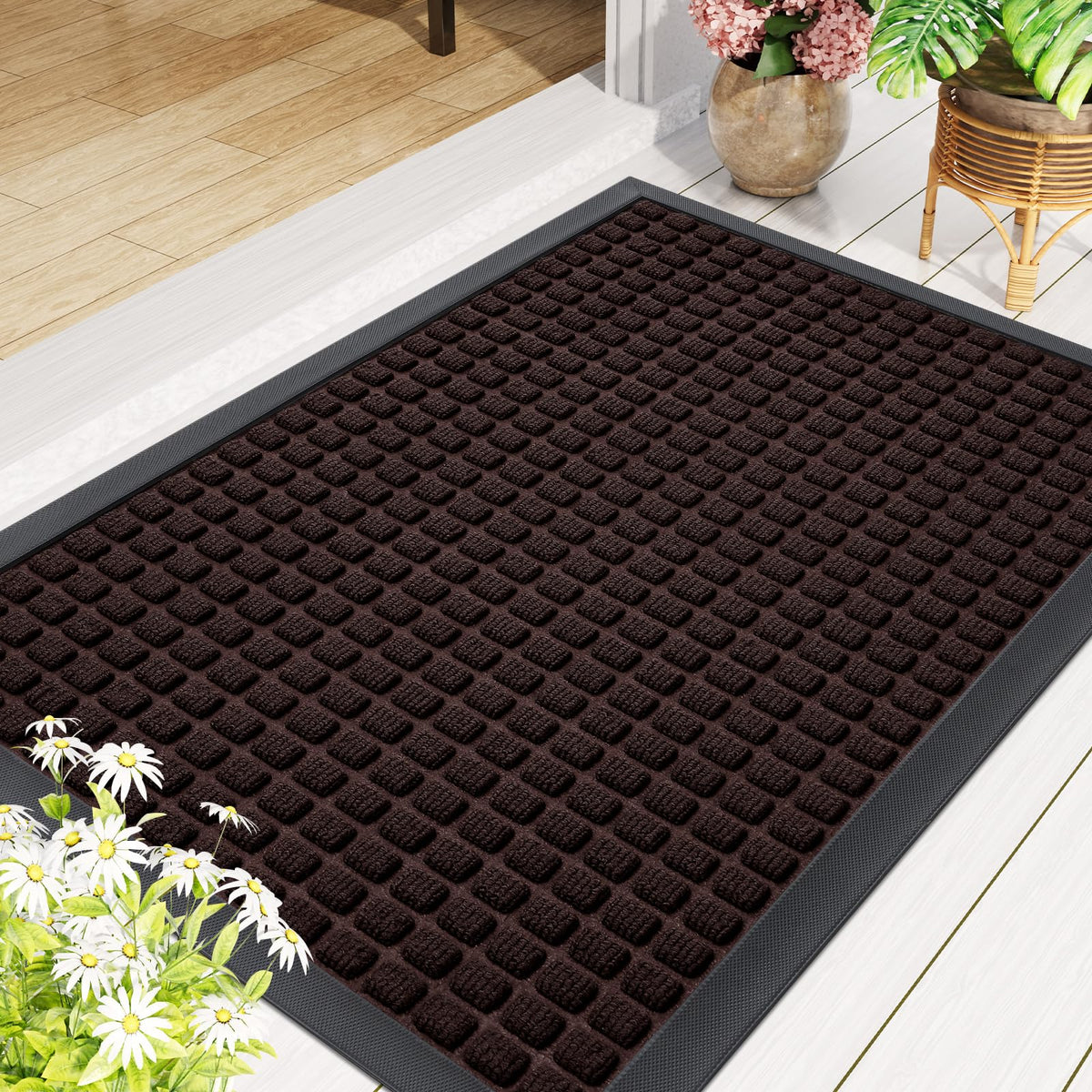 Smiry brown color mat complements entryway decor.