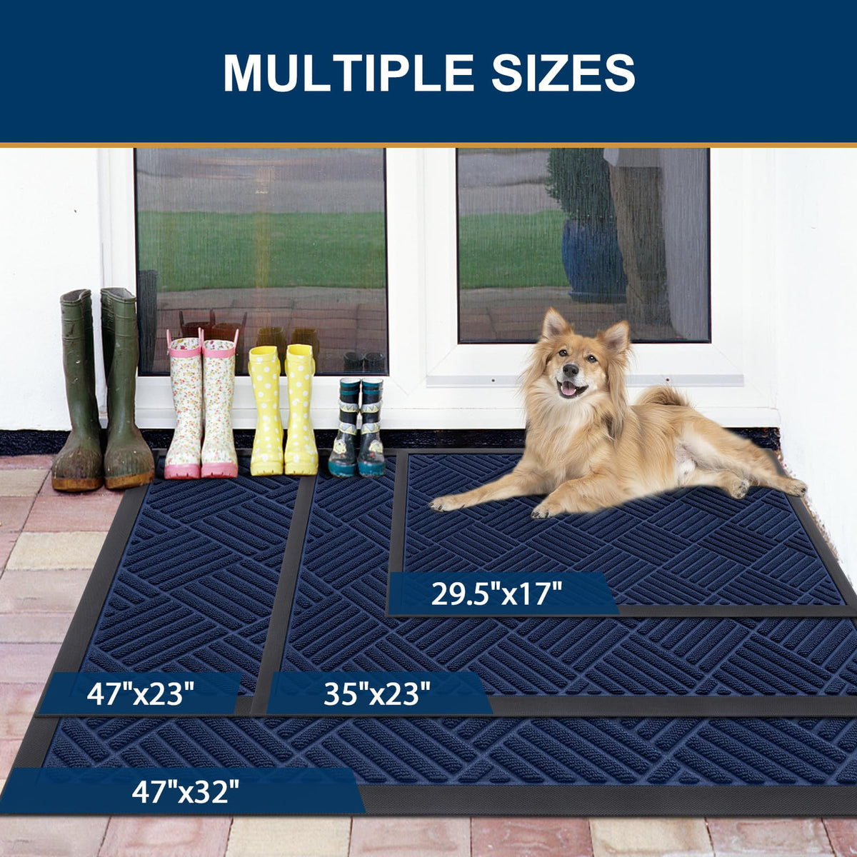 Smiry navy mat close-up reveals woven surface that traps dust.