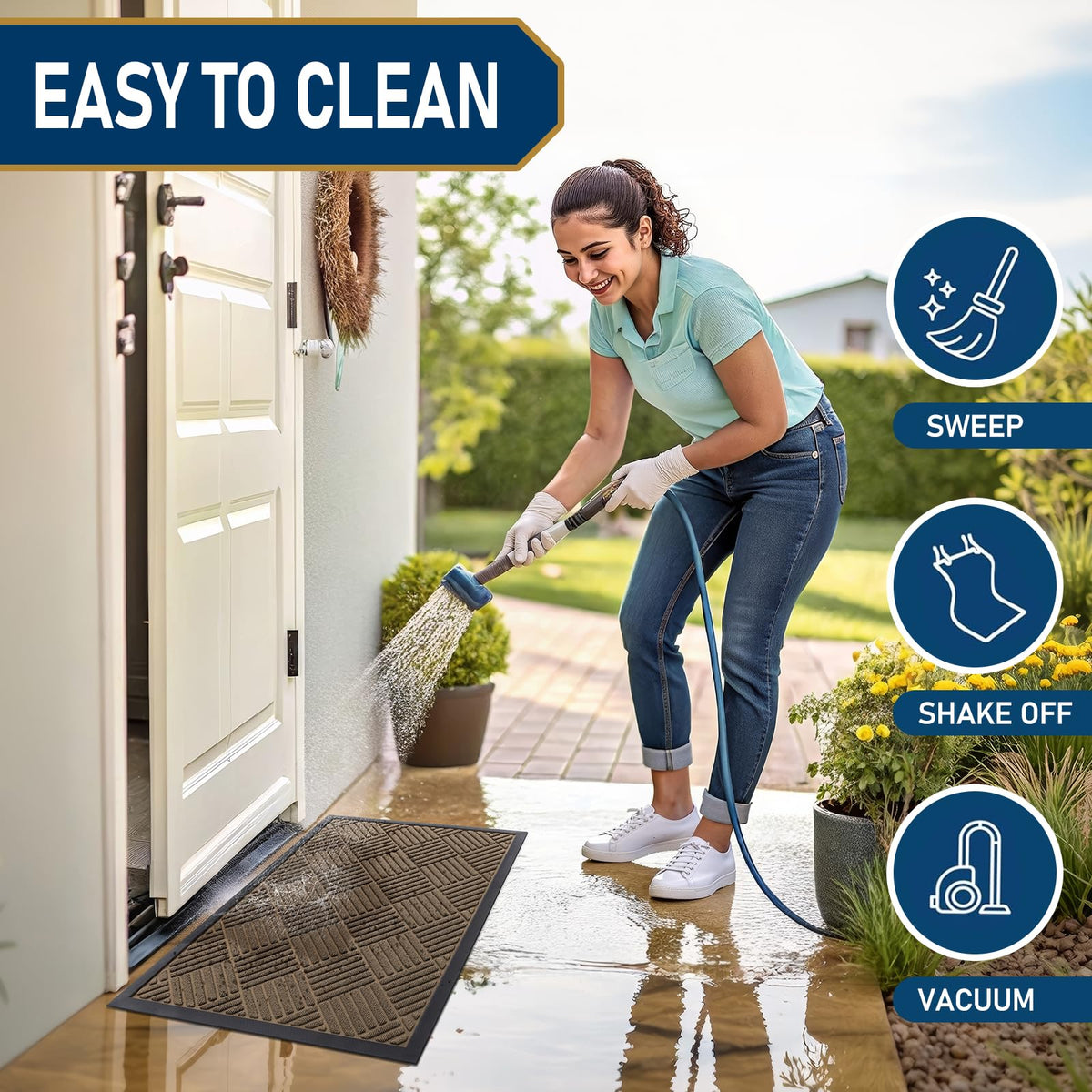 Smiry mat easy-clean feature shown with broom and hose.
