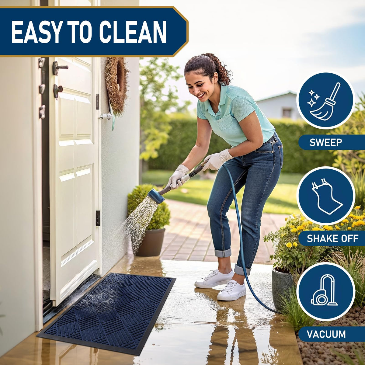 Smiry navy mat suited for indoor and outdoor entryways.