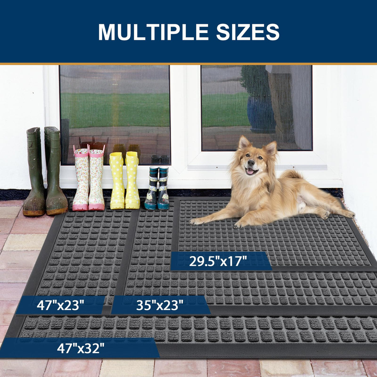 Smiry interior-exterior mat suits porch, doorway, terrace, or entryway.