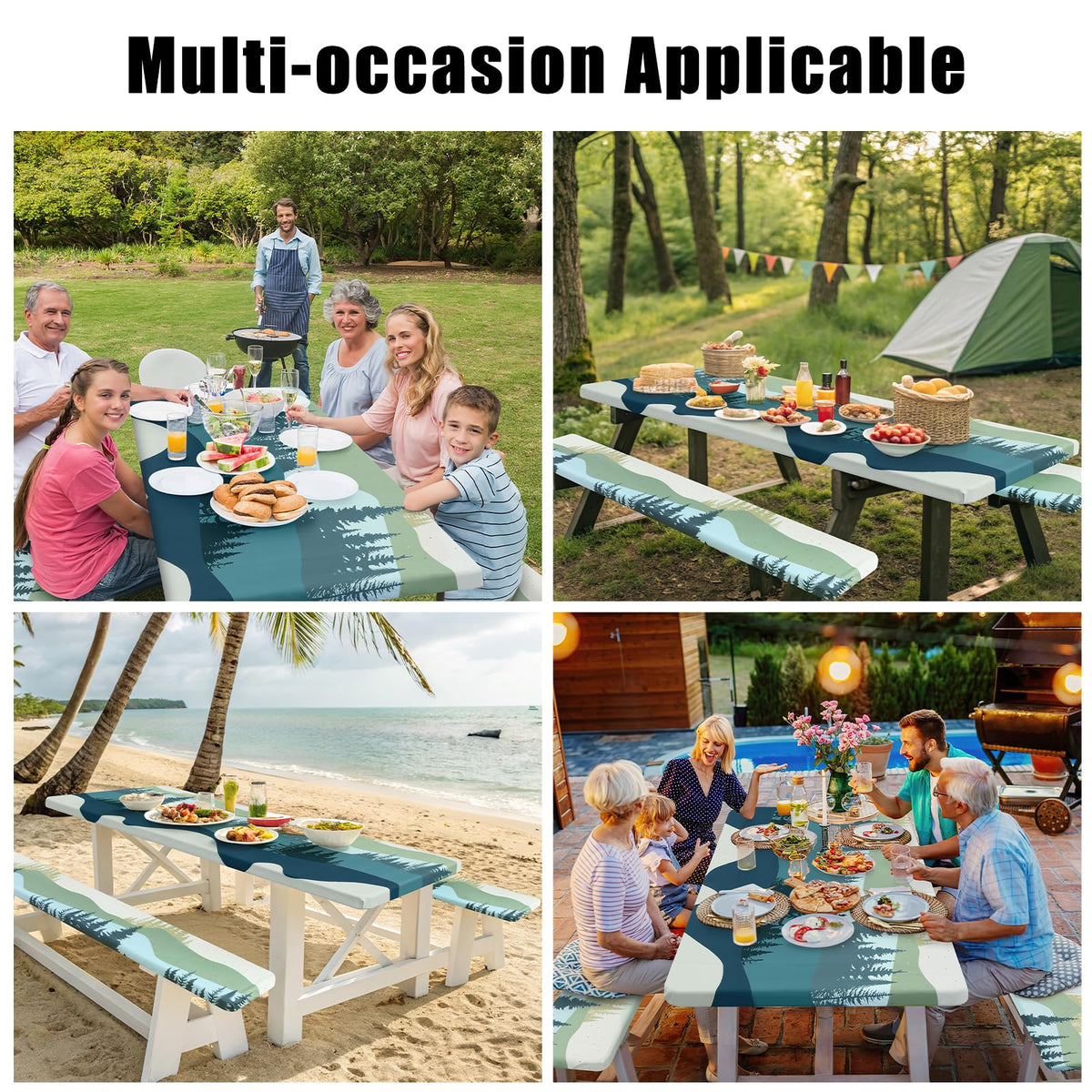 Outdoor dining scene featuring Smiry table and bench covers in green-blue.