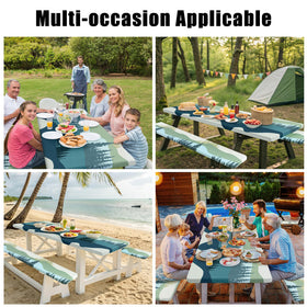 Outdoor dining scene featuring Smiry table and bench covers in green-blue.