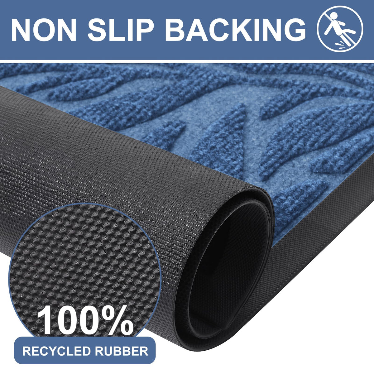 Smiry front door mat blue for outdoor entryways, low-profile and non-slip for smooth door operation.