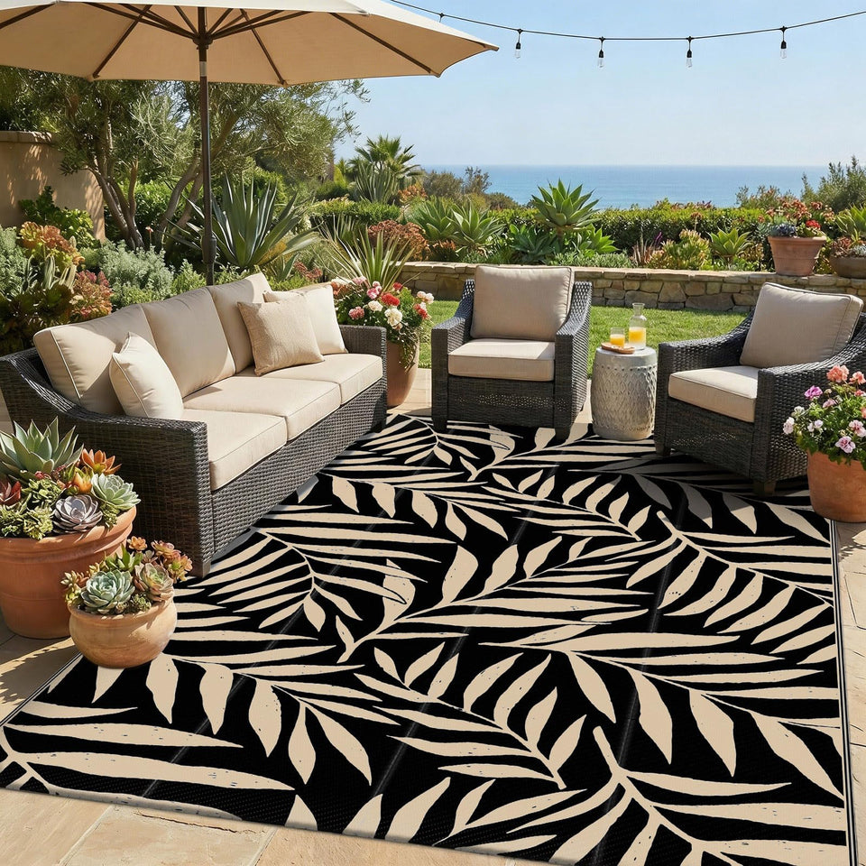 Smiry Outdoor Rug 5x8 with leaf pattern enhances patio comfort and keeps debris away
