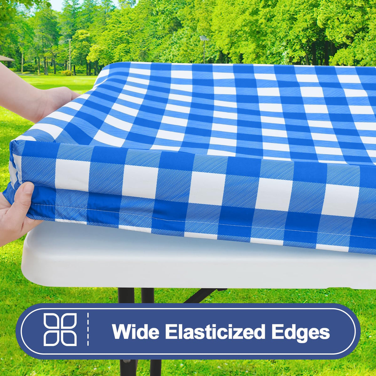 Smiry bench covers, 72x12, shown on benches, elastic edge provides snug fit.