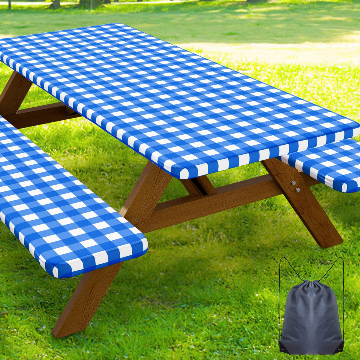 Smiry picnic table cover on a blue-white buffalo plaid table, waterproof and spill resistant.