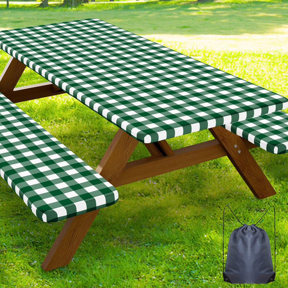 Smiry picnic table cover on a 72x30 table in hunter green and white buffalo plaid