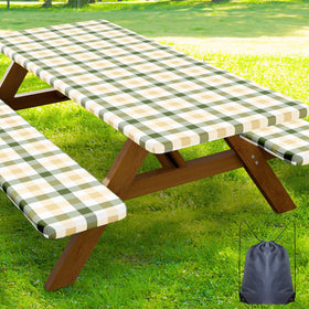 Smiry picnic table cover on a 72-inch table showing durable water resistance for outdoor meals