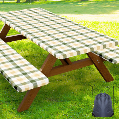 Smiry picnic table cover on a 72-inch table showing durable water resistance for outdoor meals