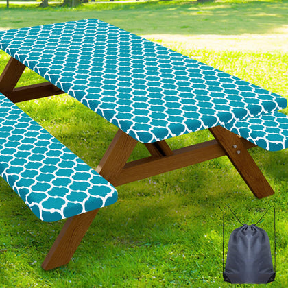 Smiry picnic table cover in aqua protects against spills outdoors.