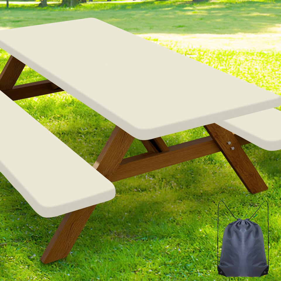 Smiry picnic table cover beige on a 6 ft table for outdoor meals.
