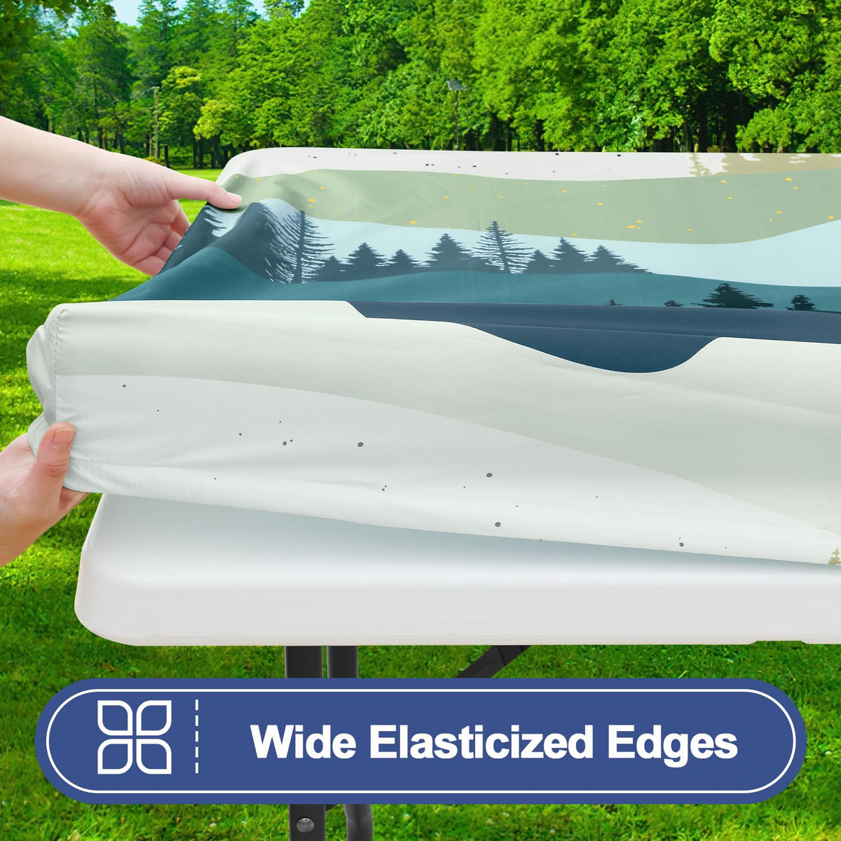 Smiry bench cover (left) with secure elastic edge for wind resistance outdoors.