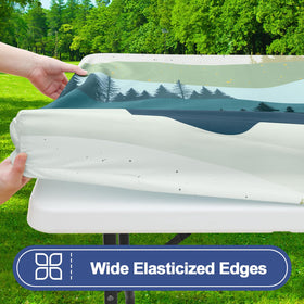 Smiry bench cover (left) with secure elastic edge for wind resistance outdoors.