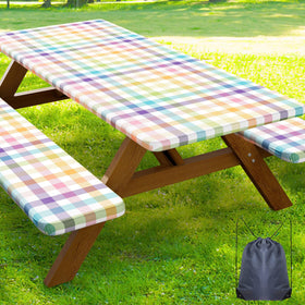 Smiry picnic table cover in buffalo plaid protects surfaces from spills during outdoor meals.