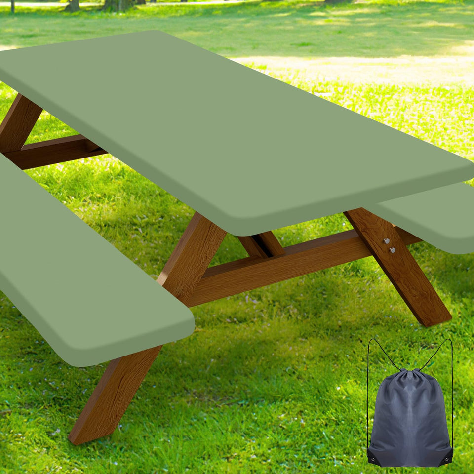 Smiry picnic table cover with elastic edge for secure outdoor fit.