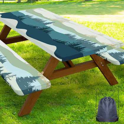 Smiry picnic table cover on a 96x30 table in green-blue protects from spills and stains.