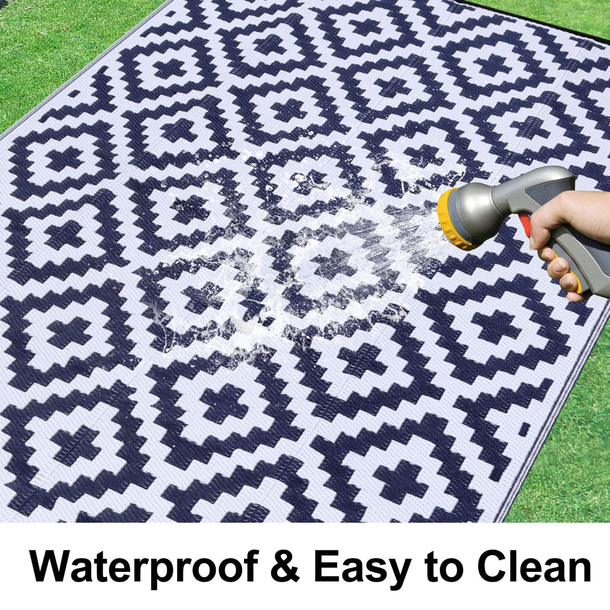 Smiry reversible pattern rug offers two color options for versatile outdoor styling