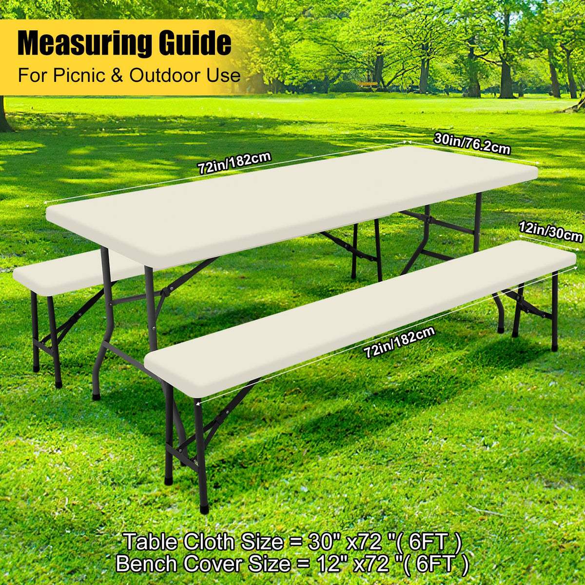 Smiry versatile beige tablecloth for camping, picnics, weddings and events.