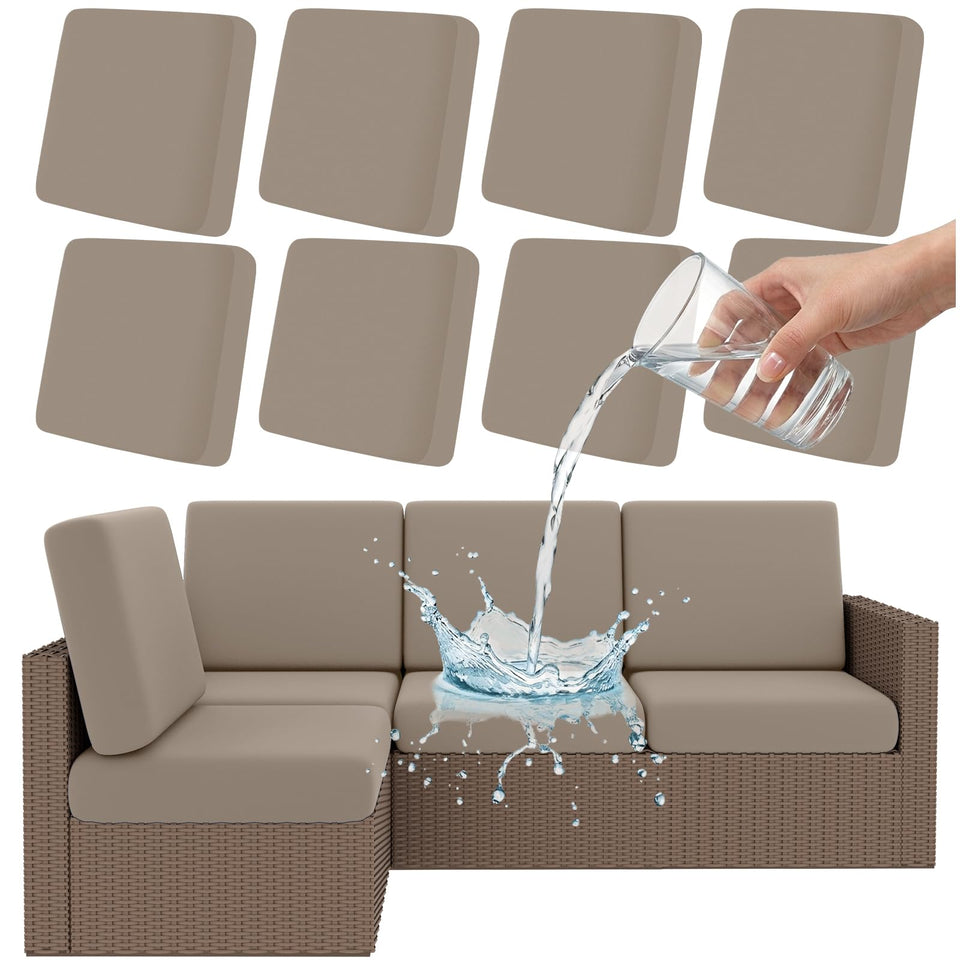 Smiry waterproof patio cushion cover taupe fits snugly on an outdoor sofa.