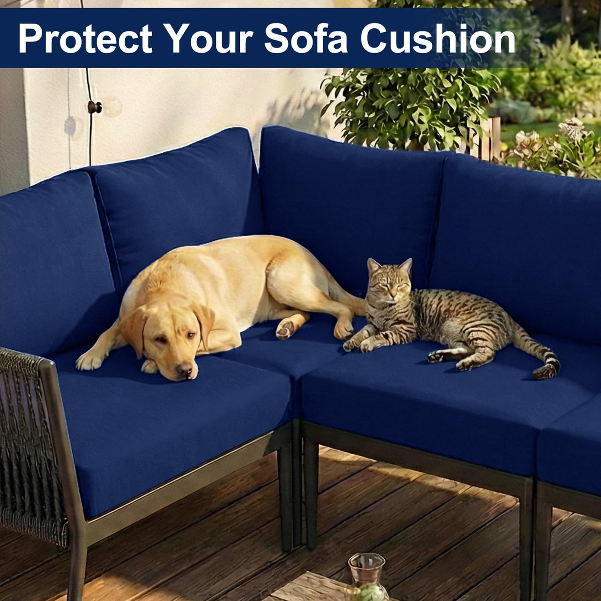 Smiry navy blue cushion cover safeguards seats in pet-friendly homes.
