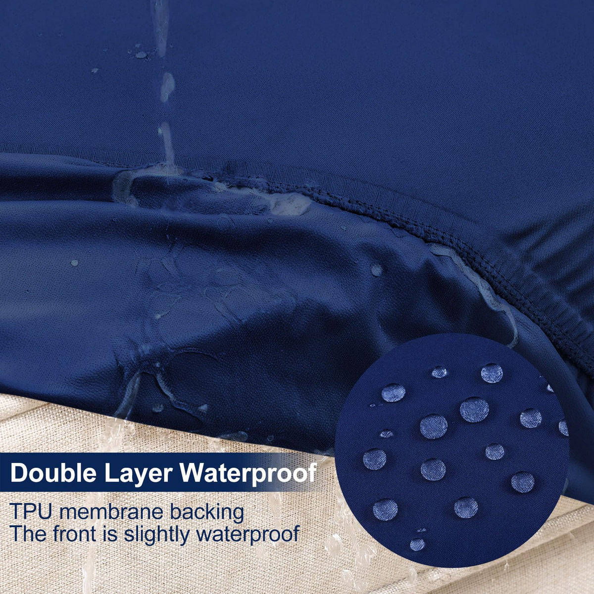 Smiry stretch-fit navy blue cushion cover ensures secure, wrinkle-free seating.