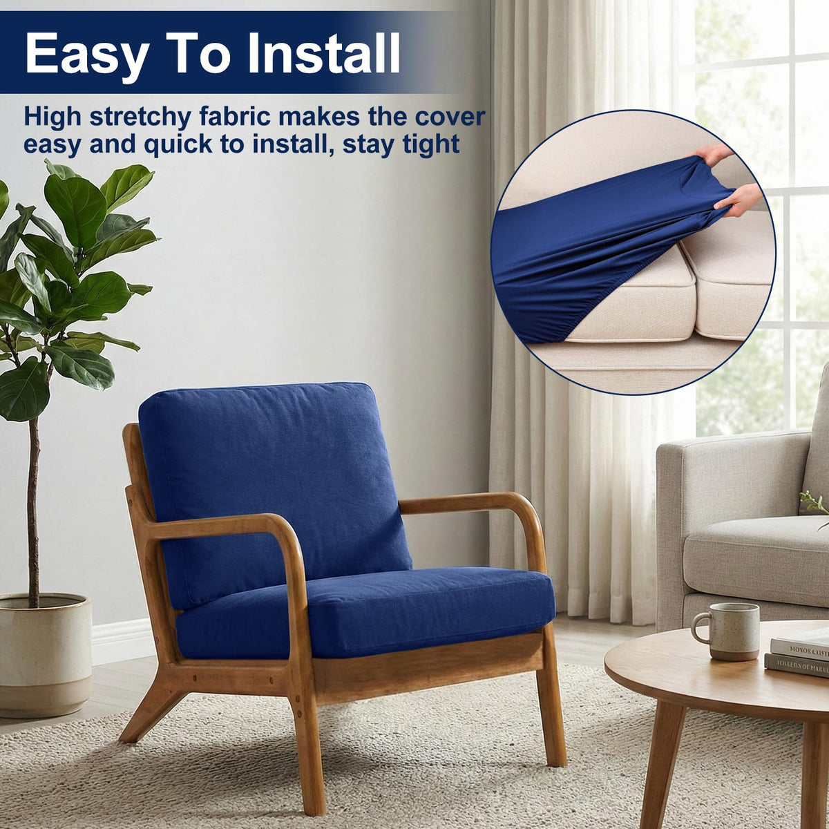 Smiry navy blue cushion cover complements patio and balcony decor.