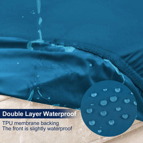 Smiry peacock blue stretch cover fits snugly on rounded outdoor cushions