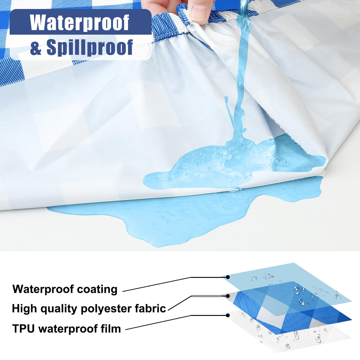 Smiry waterproof tablecloth close-up showing bead-up spills and easy cleaning.