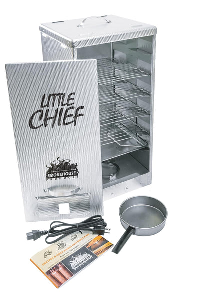 Smokehouse Little Chief Front Load Smoker with temperature dial showing 165°F for steady low-temp smoking.